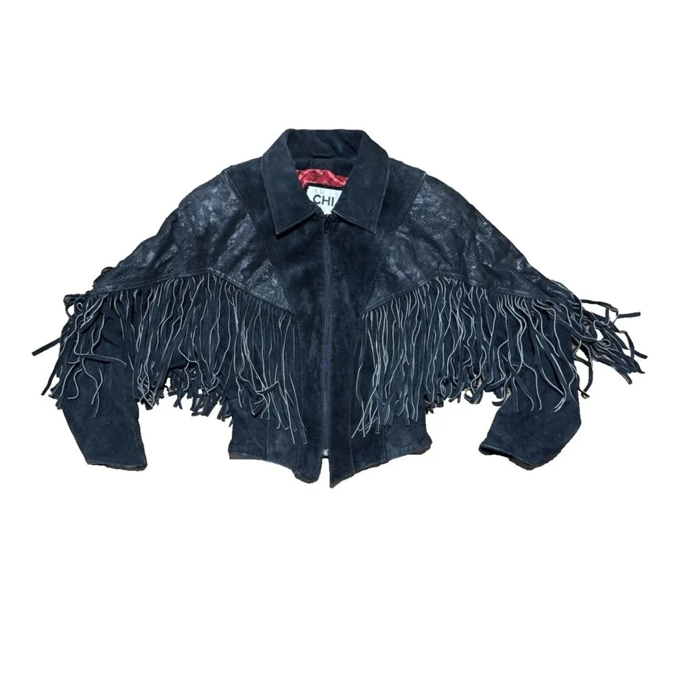 Vintage Chia Leather Jacket Womens Small Black Fringe Western Cowgirl Nashville - Picture 1 of 12